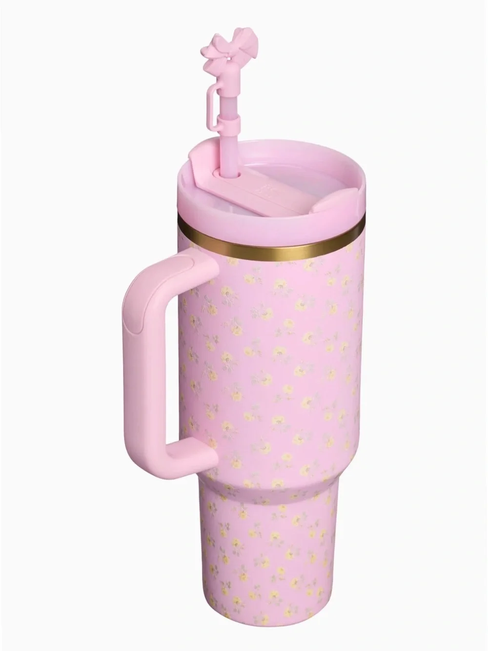 Stanley Pink Floral Tumbler with Handle and Gold Accents